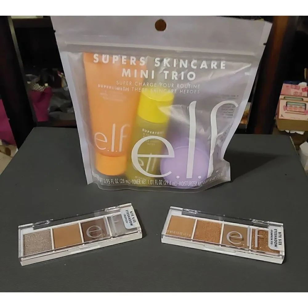 NEW~ELF 3 Pc. Eyeshadow Palette & Supers Skincare Mini Trio Bag